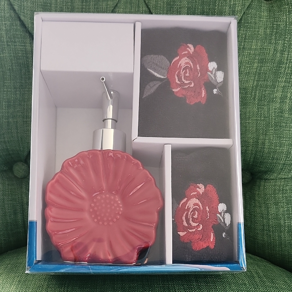 Floral Red Soap Dispenser Set